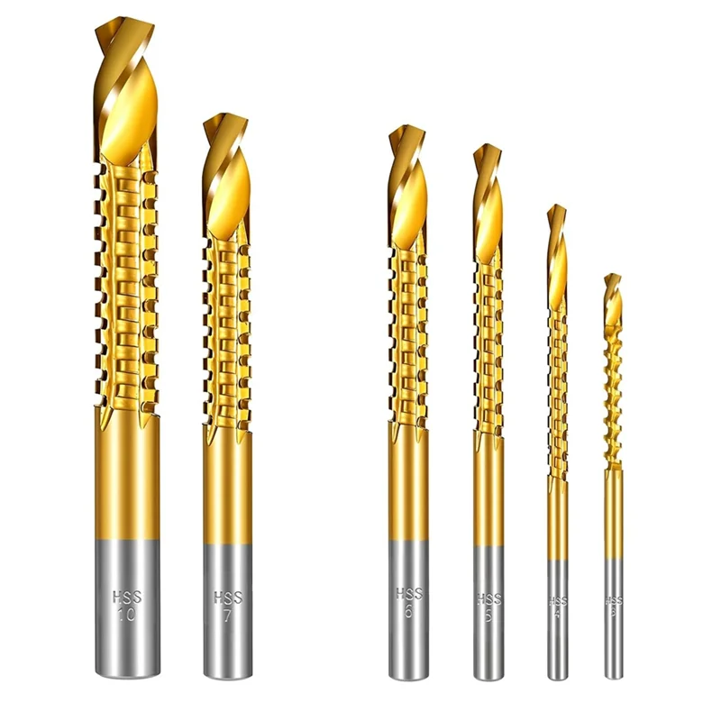 ABRS-7PCS Спиральные сверла из быстрорежущей стали с титановым покрытием, сверло с зубчатым боковым режущим сверлом 3-10 мм, зубчатые режущие сверла с шестигранным хвостовиком