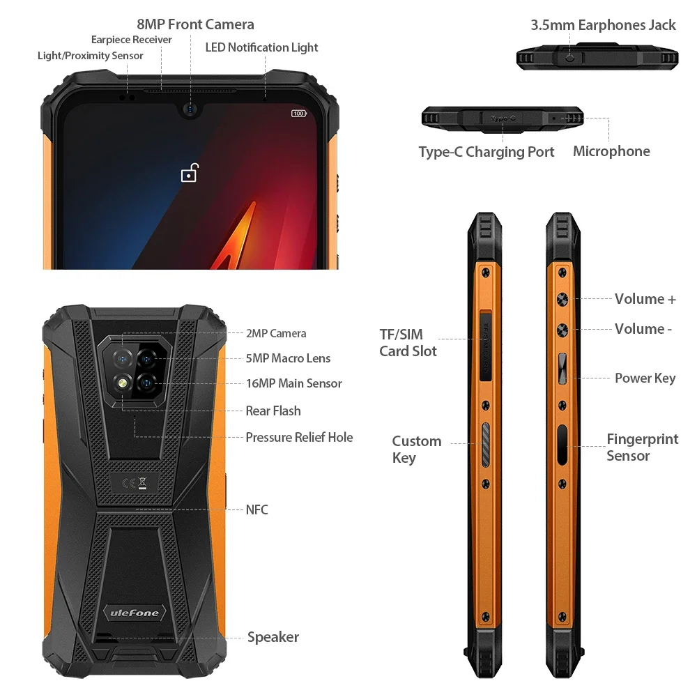 Ulefone Pantser 8 Robuuste Smartphone Android 11 6.1 "4Gb 64Gb 16mp Drievoudige Camera Gezicht-Id Vingerafdruk-ID 5580Mah Mobiele Telefoon Gebruikt Alles