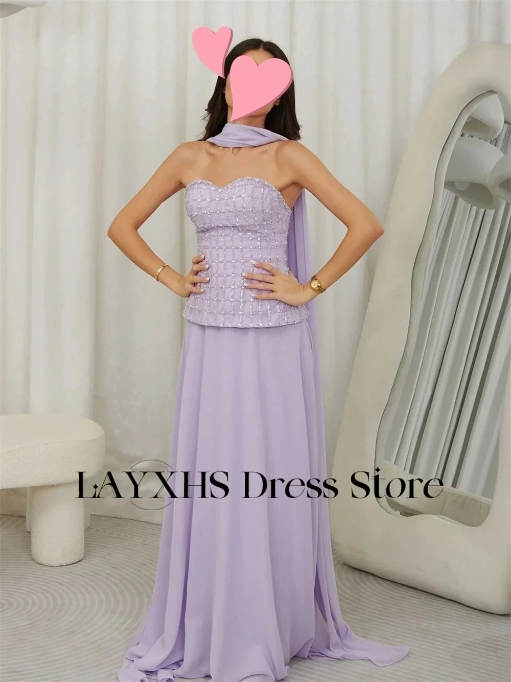 LAYXHS Elegante lila herzförmige Abendkleider, abnehmbarer Schal, A-Linie, bodenlang, Ballkleider, maßgeschneidert, فستان • Daug Menn Diego