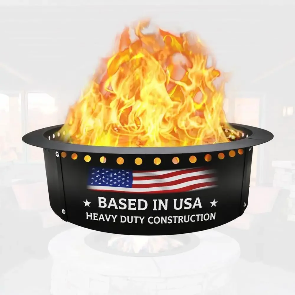 45 Round Steel Fire Pit Ring with Air Vents and Cooler Support - Outdoor Garden Bonfire Camping Accessory