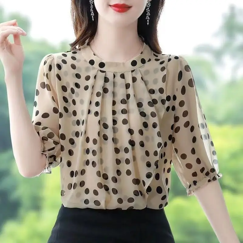 

Summer New Women's Floral Print Chiffon Shirt Reducing Age Round Collar Short Sleeve Bottoming Top M-4XL