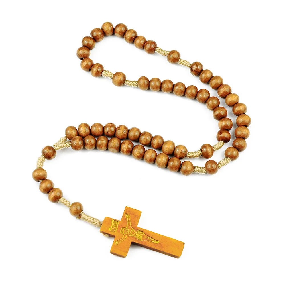 Natural Wooden Woven Cross Necklace Hand-held Five Piece Prayer Bead Pendants Jewelry