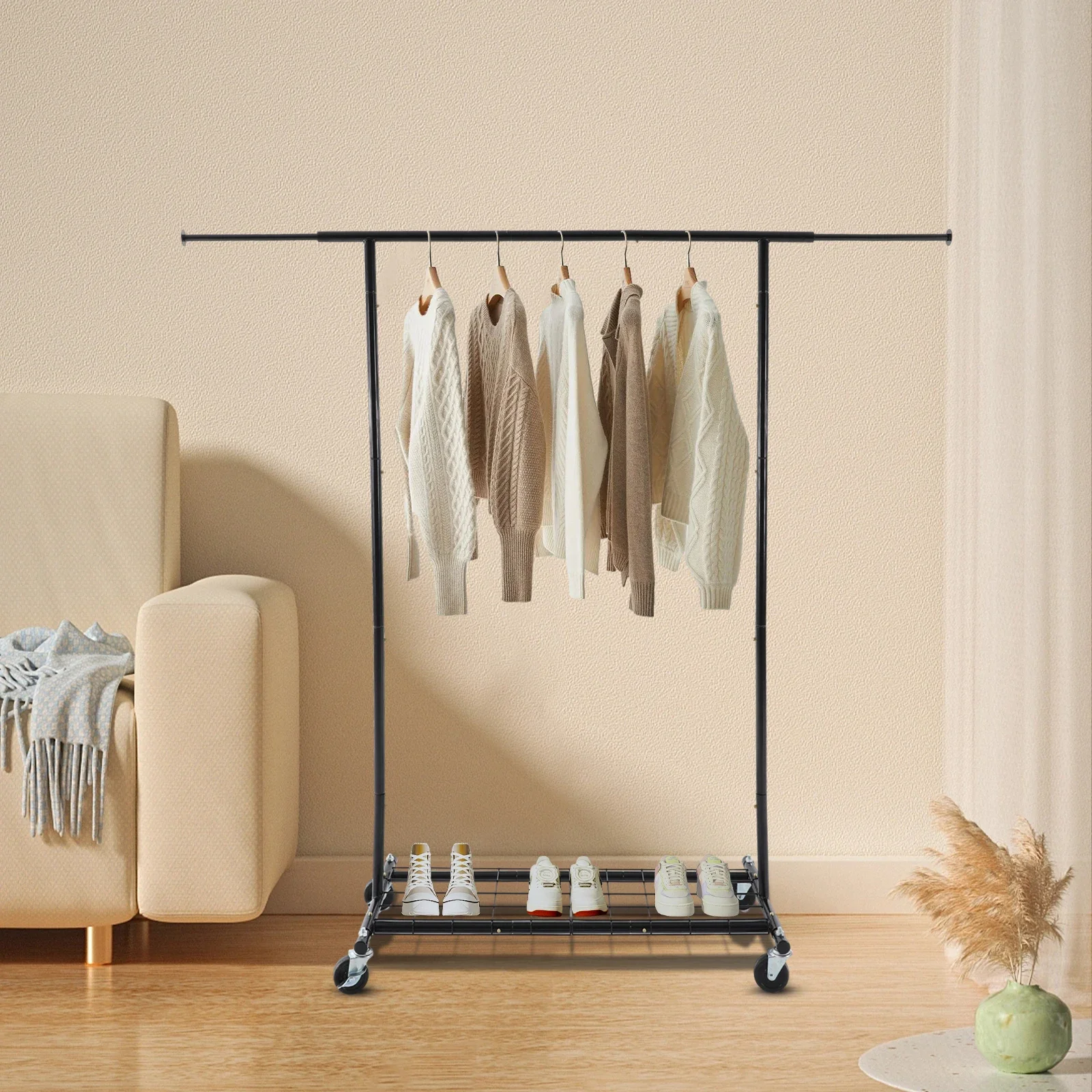 

Mobile Retractable Coat Rack – Single Pole Drying Rack with Net for Easy Home Clothes Drying, Black (Non-Foldable)
