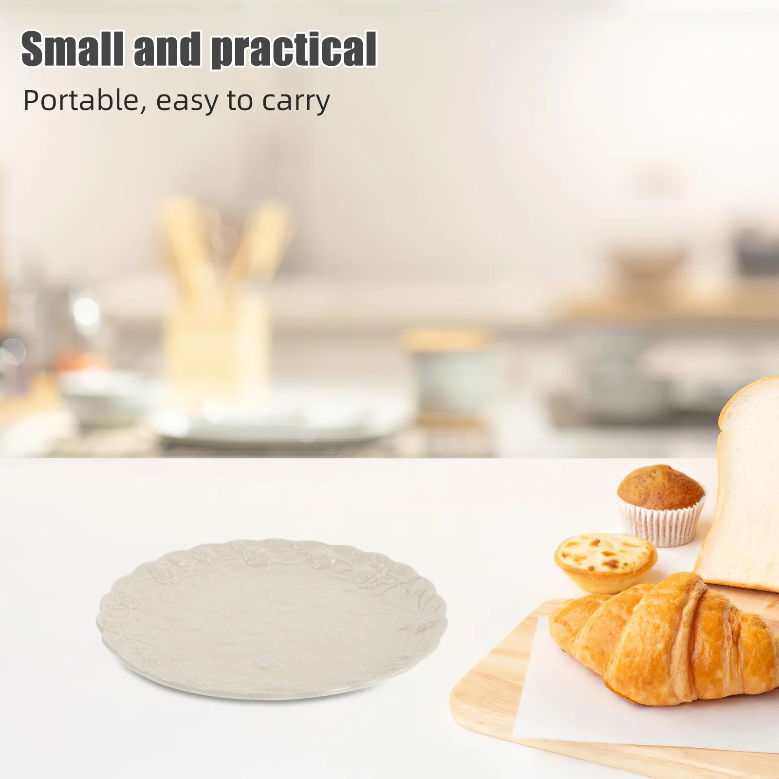 

French Style Ceramic Serving Platter Elegant Rose Pattern Embossed White Round Plate for Dessert Cake Display Appetizer Snack