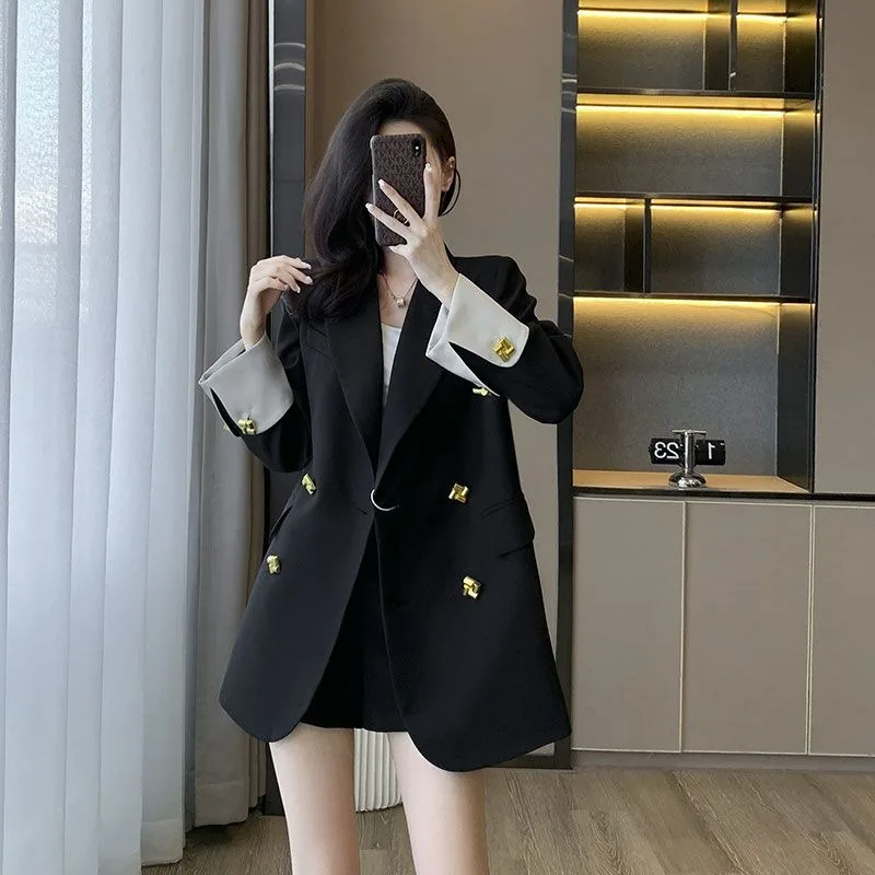 Korean Women\'s Blazer 2024 Spring Autumn New Double Breasted Color Matching Suit Coat Fashion Loose Long Sleeve Female Jacket