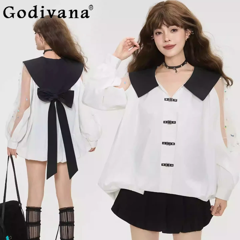 

Elegant Women French White Spring New Gauze Long Puff Sleeve Shirt Fashion Loose Versatile Sweet Bow Leisure V-Neck Tops