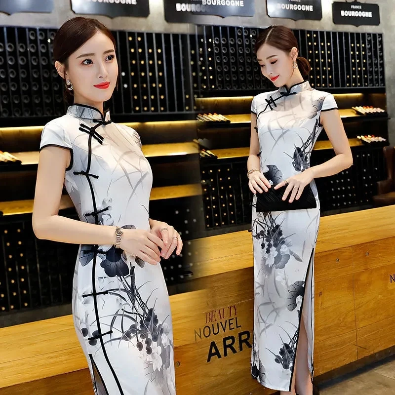 Summer Fashion Printed Cheongsam Long Double Retro Daily Silk Improved Slim Split Cheongsam Dress Female Tide.