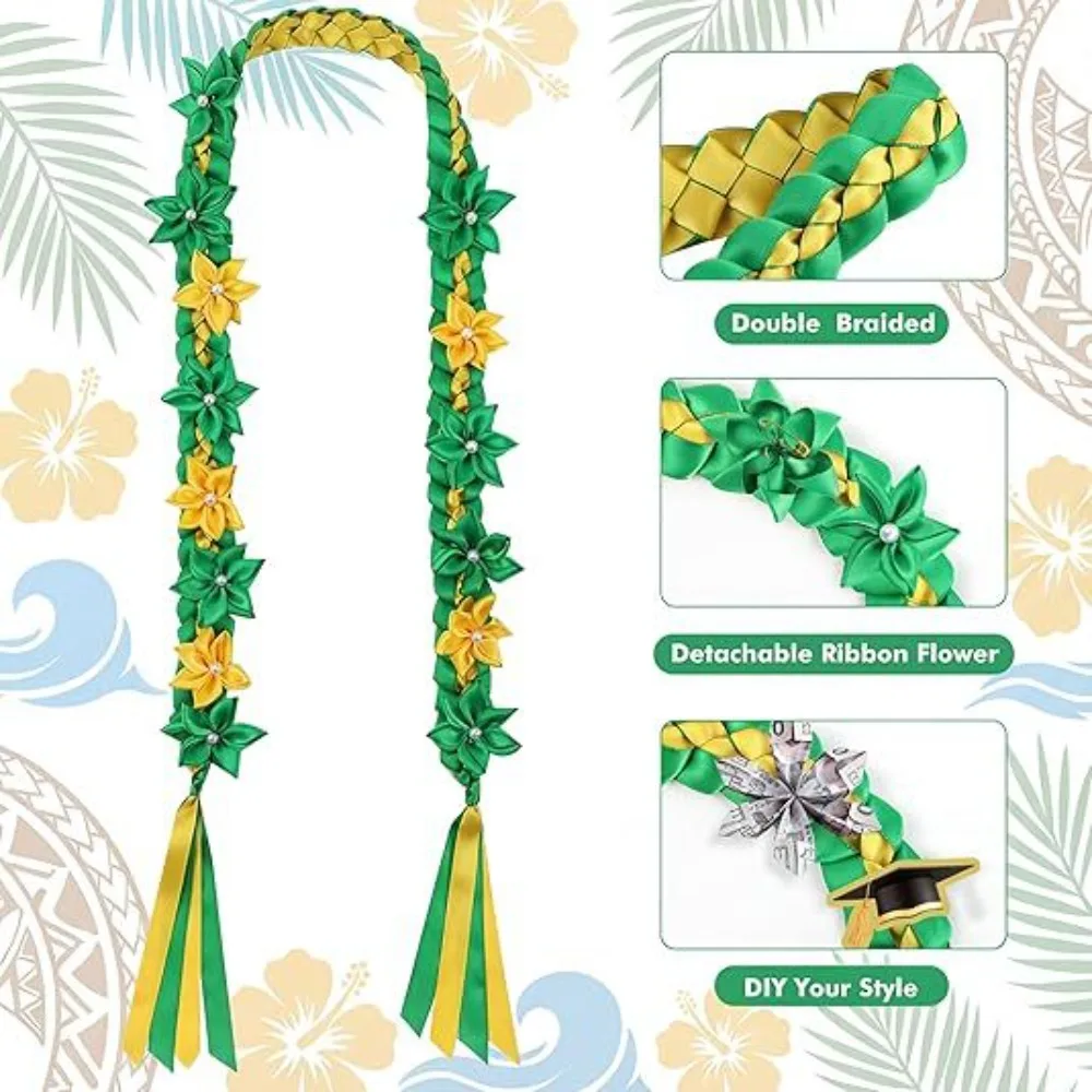 

Double Layered Graduation Wreath Necklace Set, Hawaiian Style Honor Shawl with Satin Wreath Handmade Colored Rope