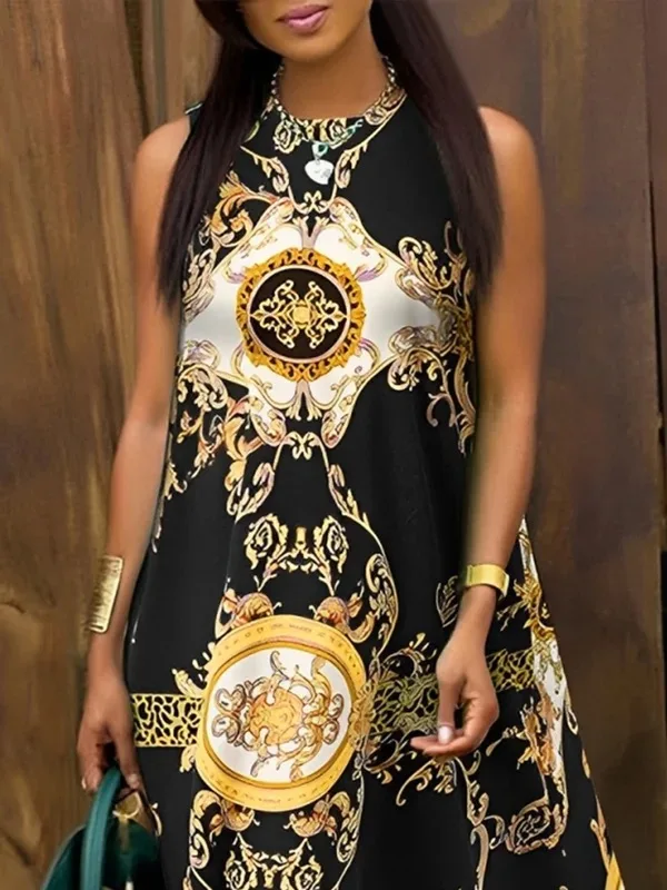 Modigirl 2025 エレガントなプリントドレス女性のためのラウンドネックノースリーブコントラストカラーポケットヴィンテージ A ラインサマードレス女性のための