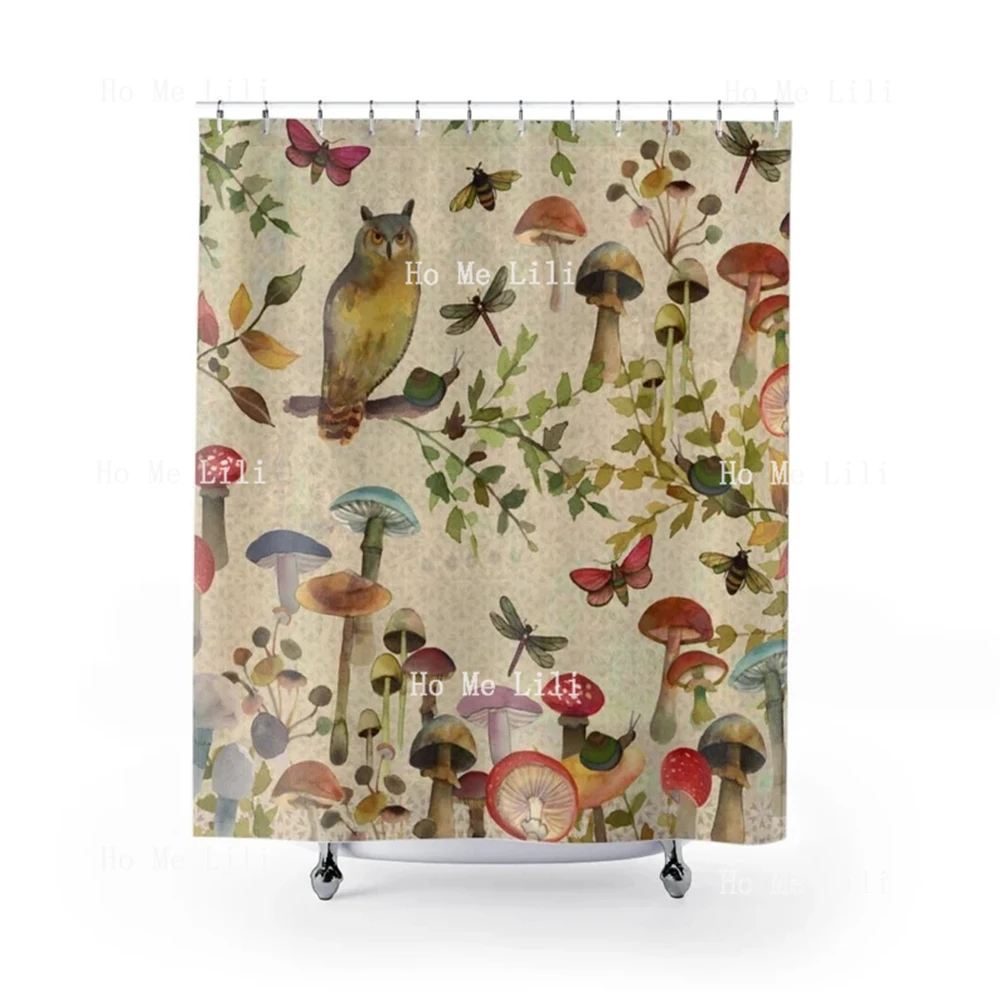 Owl Mushroom Forest Dragonfly Bee Bohemian Hippie Watercolor Style Blue And Orange Smoke Print Shower Curtain