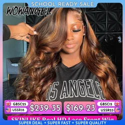 Wow Angel-Perruque de cheveux humains à reflets ombrés pour femme, partie profonde, vague de corps, peau fondue, cuir chevelu naturel, perruque avant en dentelle HD, 250%, 13x6