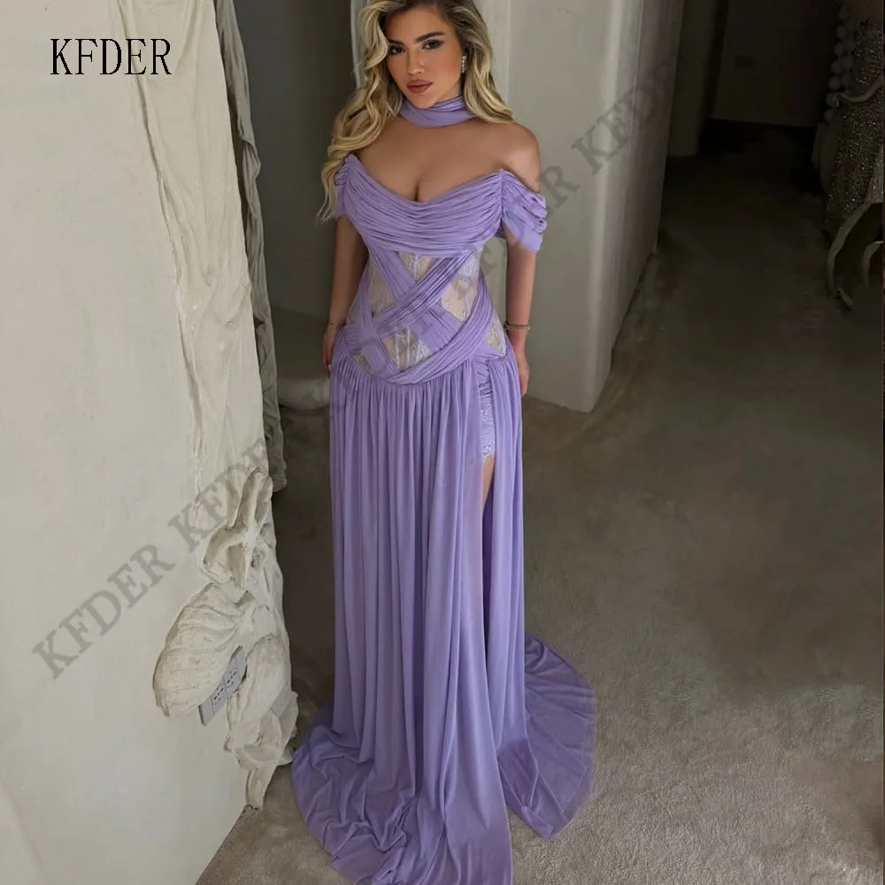Lavender A Line Prom Dress Lace Sweetheart Evening Gowns Lace Appliques Chiffon Off Shoulder Robes De Soirée Customized