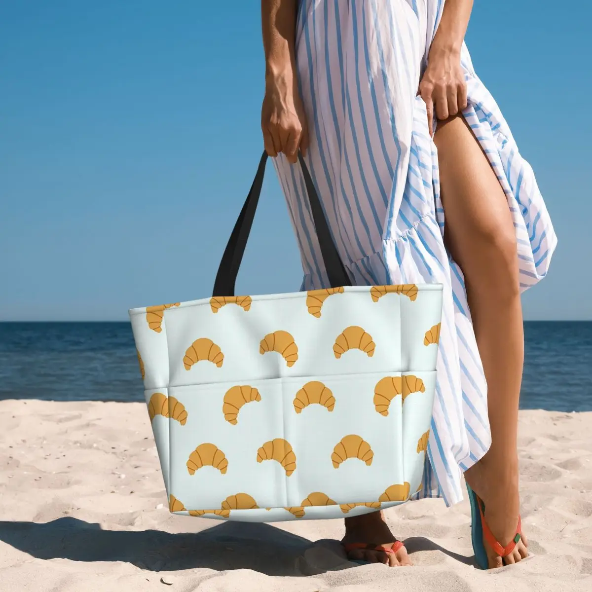 Cute Croissant Print On Blue Background Beach Tote Bag Sport Gym Yoga Duffle Large Tote Bag Women Travel Bag Fitness bag