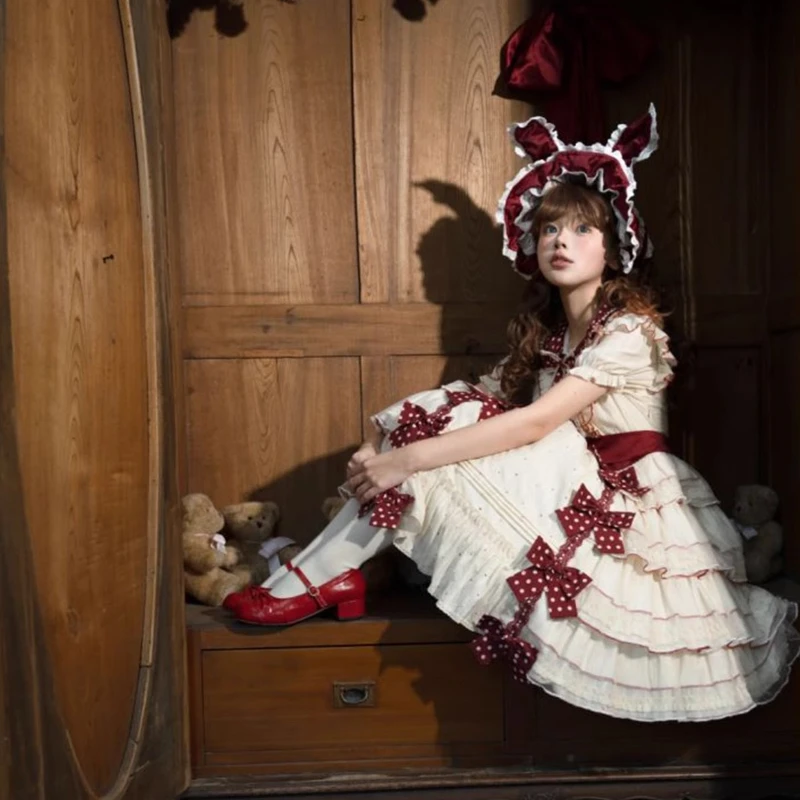 2025 novo verão japonês bonito lapela arco cintura fina pequena mosca mangas em camadas vestido fofo para mulher