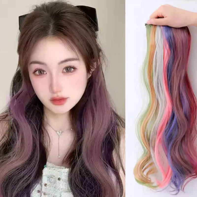 ต่อผมยาวตรง Ombre สีชมพูสีม่วงสีเหลืองคลิปในผมปลอมสีรุ้งทนความร้อน