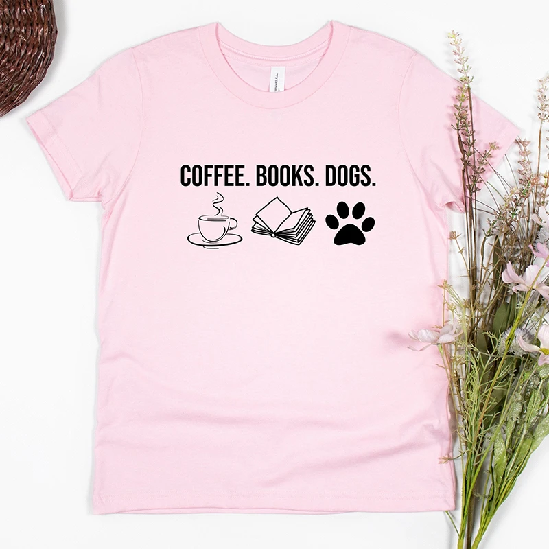 Coffee Books Dogs Paw Women T Shirt Cotton Aesthetic Clothes Y2k Dogs Lover Owner Graphic Tee Vintage 90s Grunge Mom Life Tshirt