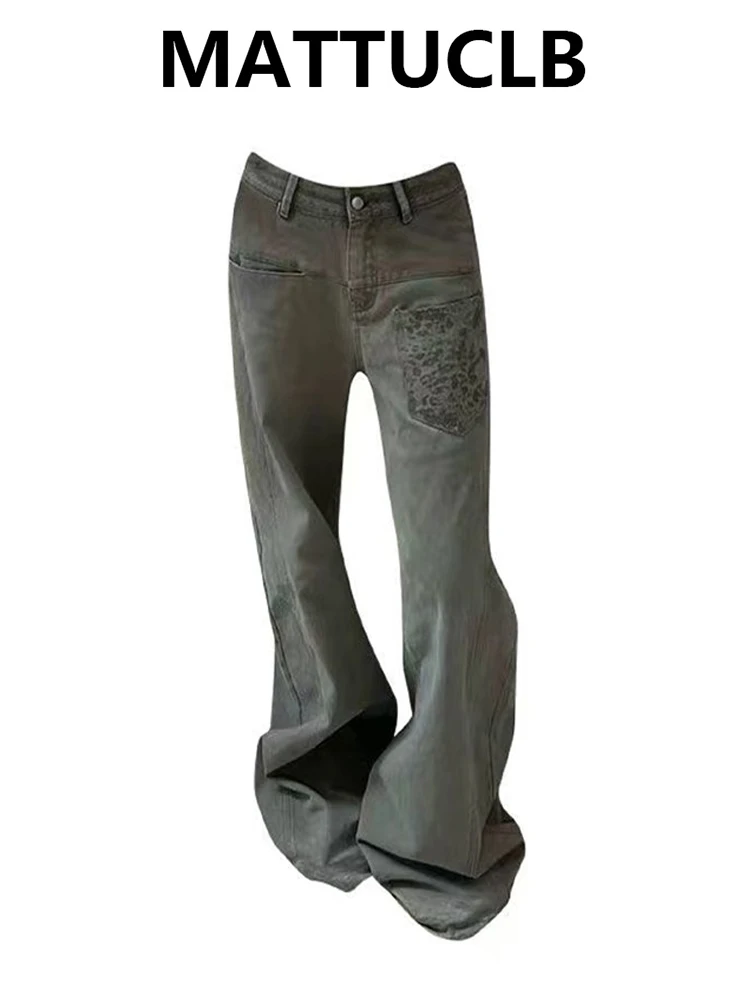 Autumn Winter Women's Flare Jeans Leopard Print Denim Pants Harajuku Y2k Abi Punk Long Trousers High Street American Retro Grung