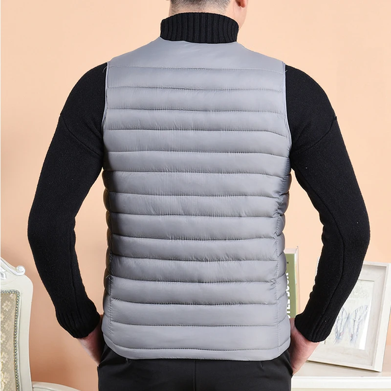 Men\'s Warm Down Cotton Vest Autumn Winter Men Sleeveless Coat Middle Elderly Solid Color V Neck Single Breasted Down Waistcoat