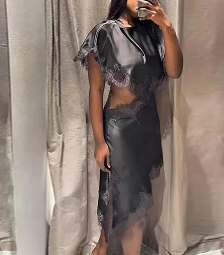 

Элегантное атласное кружевное длинное платье, женские асимметричные платья с круглым вырезом и короткими рукавами, 2026, весенние женские шикарные вечерние халаты