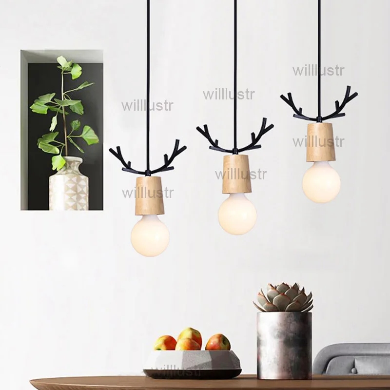 Metal Antler Pendant Light Deer Head Wood Suspension Lamp Cafe Bar Bakery Kitchen Canteen Art Deco Hanging Ceiling Chandelier