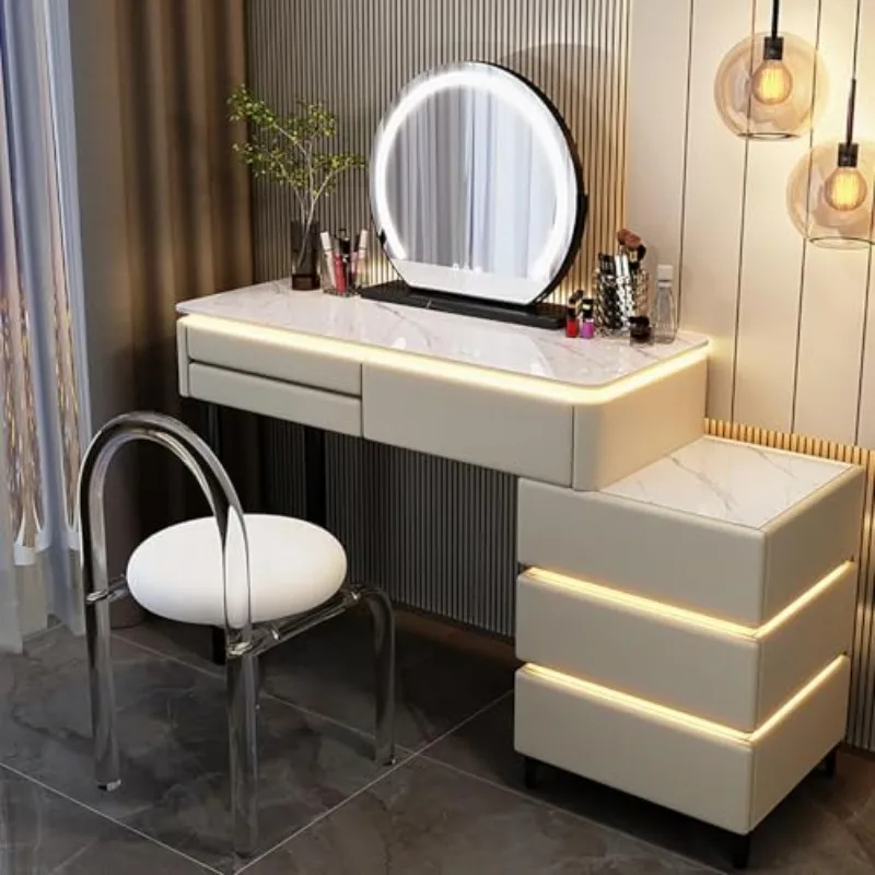 Makeup Table with Flip Top Mirror and Removable Storage Padded Seat Stool Led Smart Glass Dressing Table Chair Set,Light Gray Va
