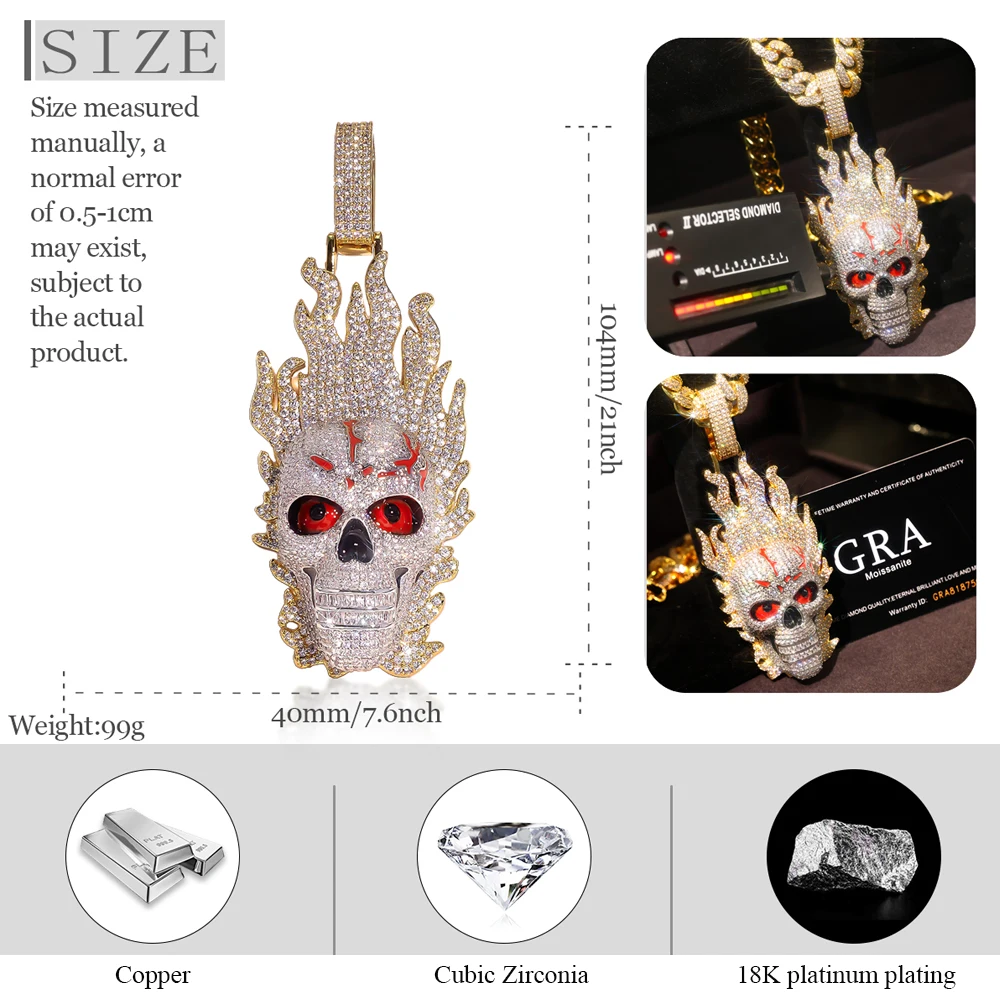 Sparkling Red Eye Skull Pendant Iced Out 18K Gold Plated Cubic Zirconia Bling Pendant for Club Rap Fans Necklace Fine Jewelry Gifts for Men Boy Friends Hip Hop Charm Zircon Fire Skull Jewelry for Rappers Fearless Punk Street Skeleton Accessories