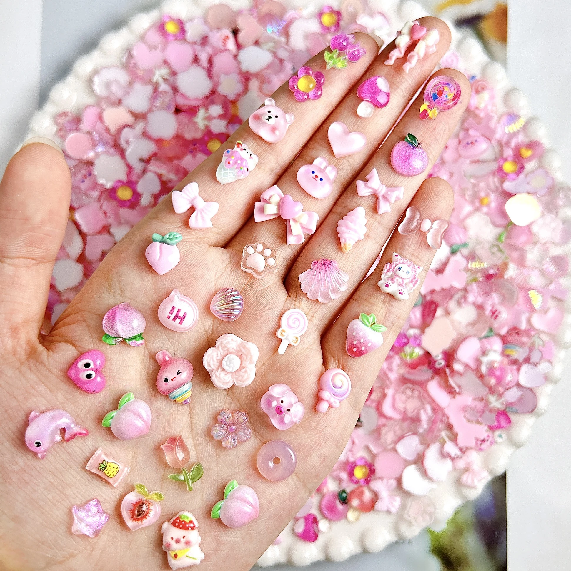 30個入り ランダムミックス ピンクシリーズ リボン ピーチ レジン ネイルチャーム 3D クリエイティブ スイートフラワー ロリポップ ミックス ネイルアートデコレーション DIY用