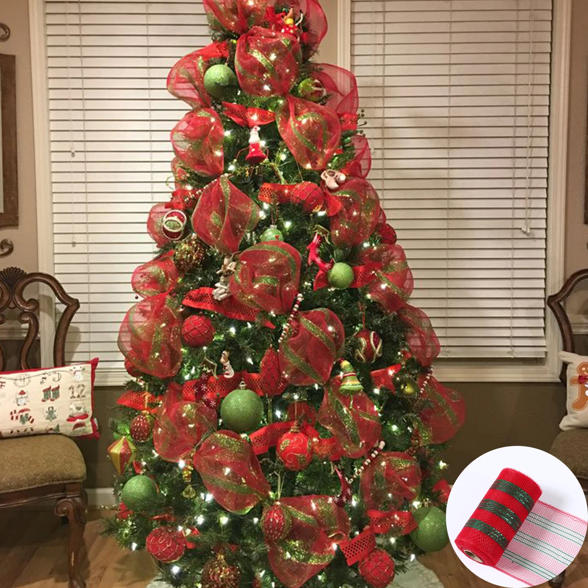 Christmas Red Green Striped Mesh Navidad Natal Noel Tree Ribbons Merry Christmas Decorations For Home 2024 Happy New Year 2025