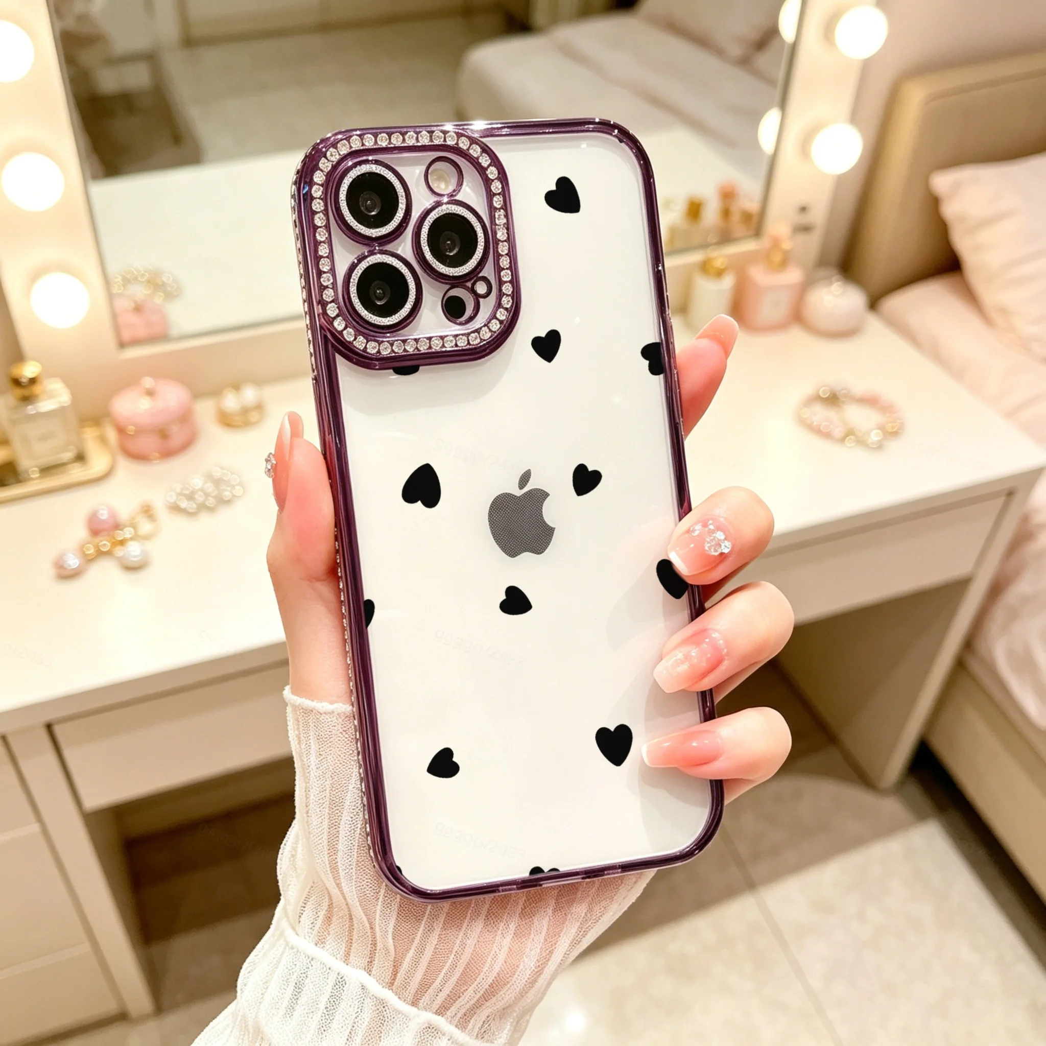 Diamond Electroplated TPU Phone Case for iPhone,  Cute Phone Case, Black Heart Pattern With Purple Rhinestone Camera Frame  , Luxury Glitter Rhinestone Frame, Built-in Lens Protector, Anti-Slip Shockproof Clear Cover