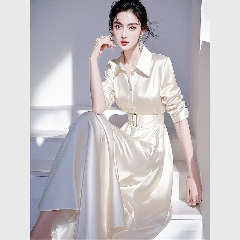 여자의 흰색 새틴 프랑스어 우아한 사무실 긴 소매 셔츠 드레스 2025 새로운 봄 허리 패션 럭셔리 드레스 숙녀 Y2K