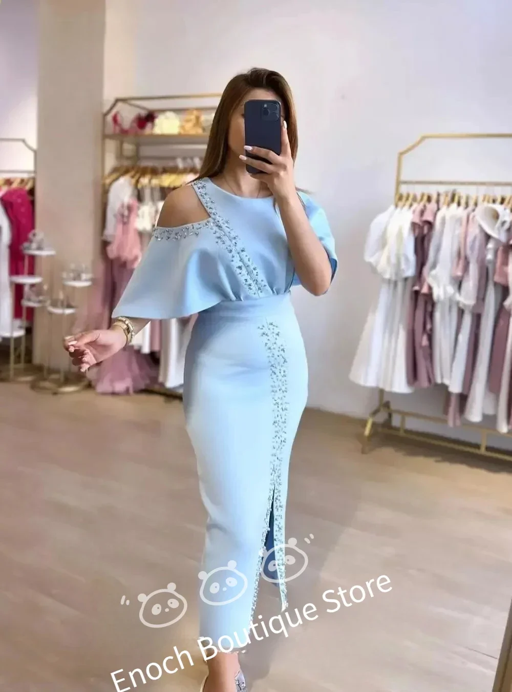 فساتين الحفلات المسائية للنساء من ENOCH مصنوعة حسب الطلب باللون الأزرق السماوي ورقبة دائرية وأكمام مكشكشة مطرزة حورية البحر طول الشاي فستان حفلات سبليت جديد 2025