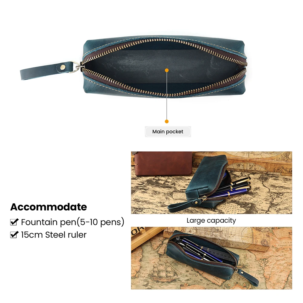 JOGUJOS Genuine Cowhide Leather Pencil Case  Business Pen Cases with Zipper Ruler Pouch for School Office Stationery Supplies