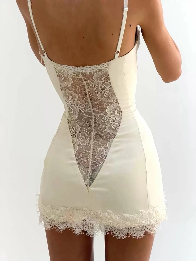 Weird Puss Spitzenkleid für Damen, tief ausgeschnittenes, unregelmäßiges Saumdesign, ärmellos, figurbetont, mit dekorativen Fischgräten, sexy, für Mitternachtspartys, Mini-Bodycon-Kleid – Detail 16