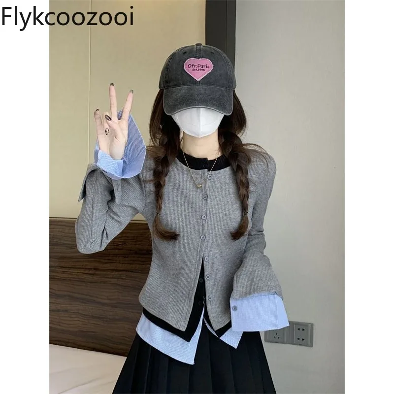 

Preppy Style Girls Fake Three Pieces Striped Spliced Knitted Shirt Women O-neck Screw Thread Blouse Autumn Chic Long Sleeve Top