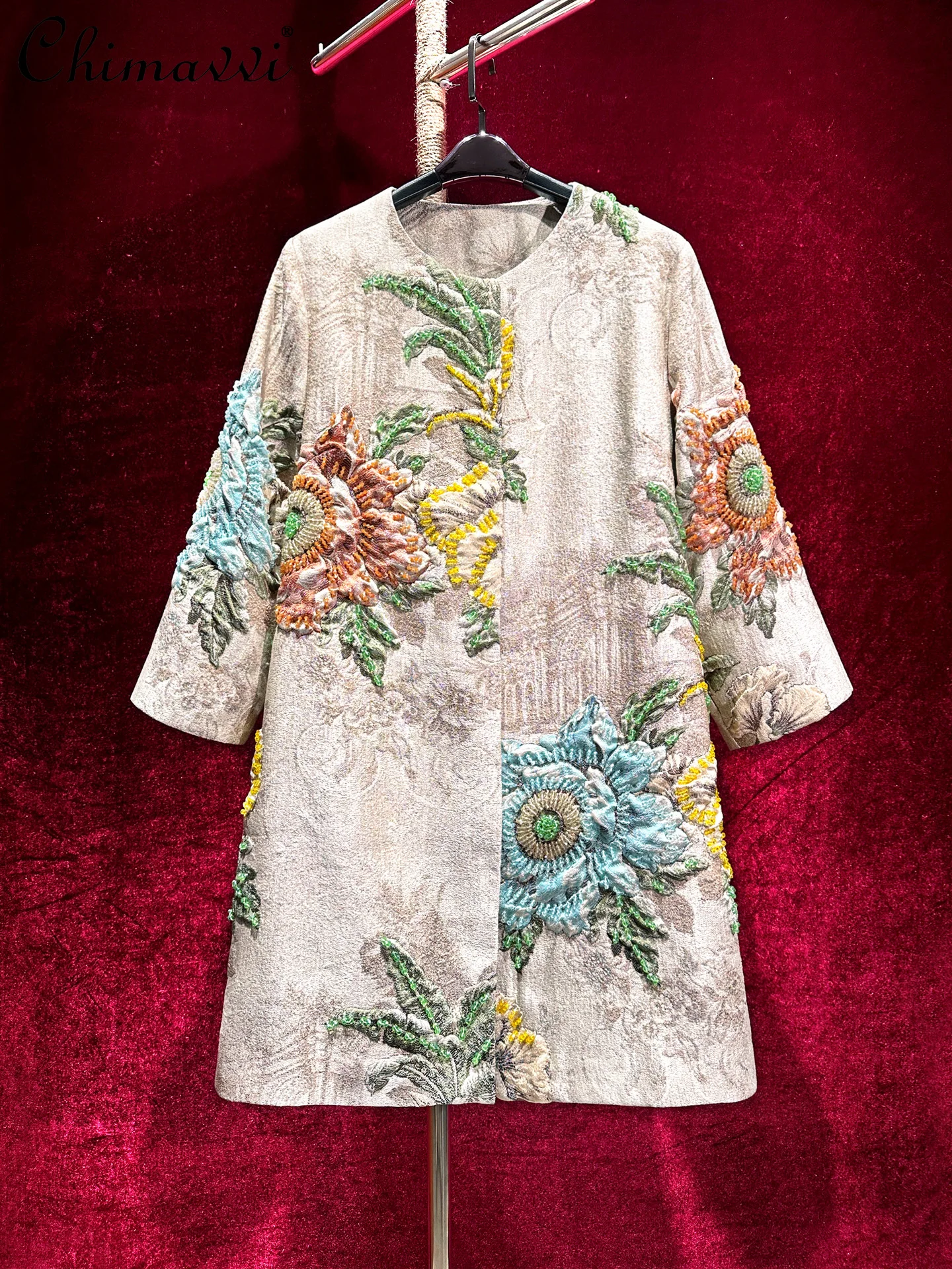 무거운 비즈 장식 자카드 중간 길이 코트 가을 겨울 신상 고급 패션 라운드 넥 루즈 우아한 레트로 트렌치 코트