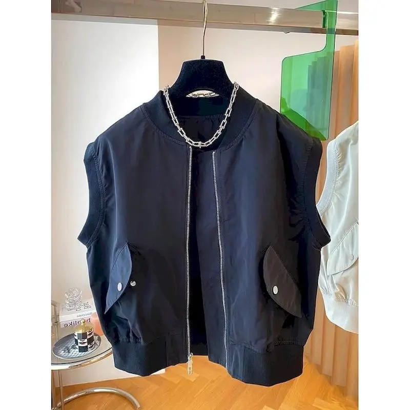 

Baseball Waistcoats for Women Spring Autumn Solid O-neck Vest Casual American Style Sleeveless Cardigan Vintage Loose Women Tops