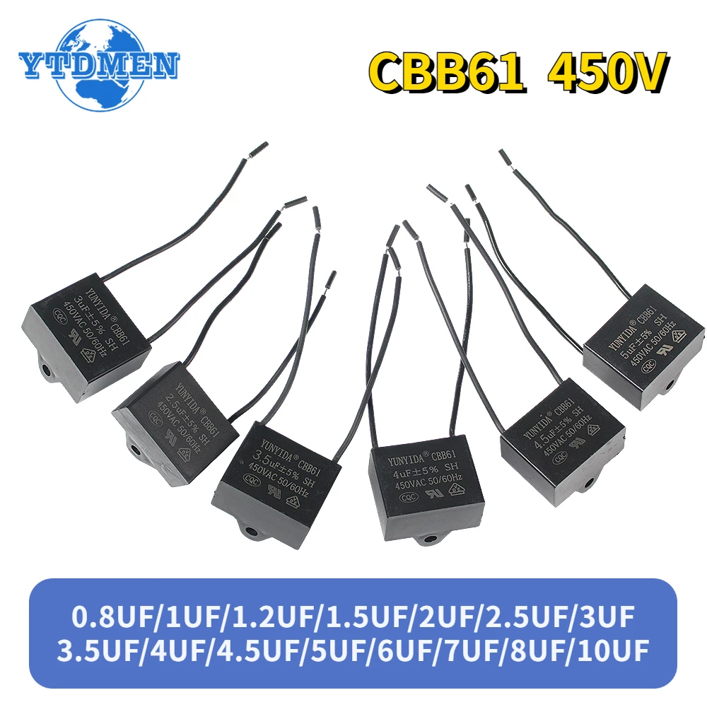 1/5PCS CBB61 Fan Starting Capacitor 450V Fan Capacitors 0.8/1/1.2/1.5/2/2.5/3/3.5/4/4.5/5/6/7/8/10UF Run Capacitors CBB