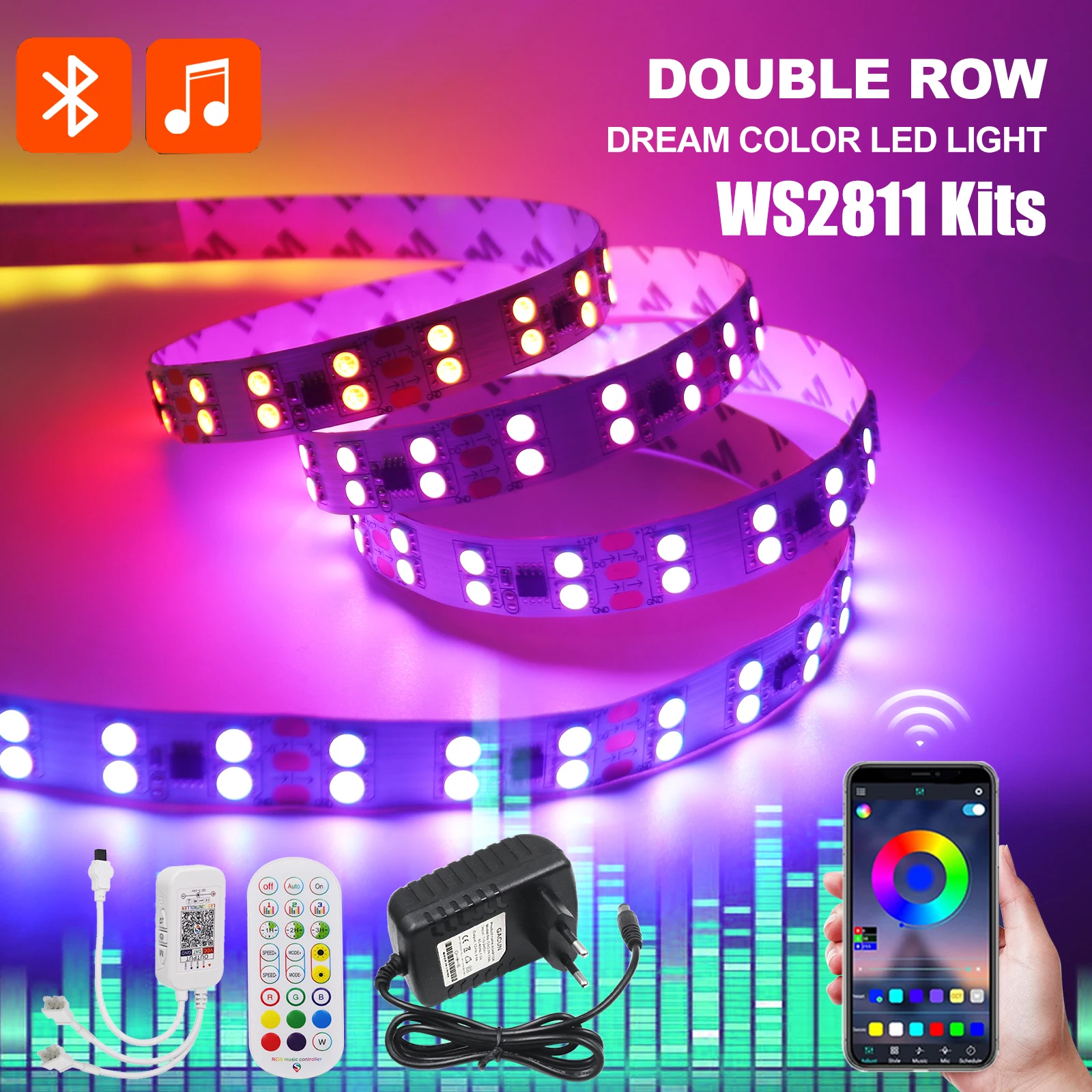 

5M 10M WS2811 LED Strip Bluetooth Music Controller Kit Addressable RGB Dream Color LED Strip High Bright 120/168Leds/m DC12V/24V