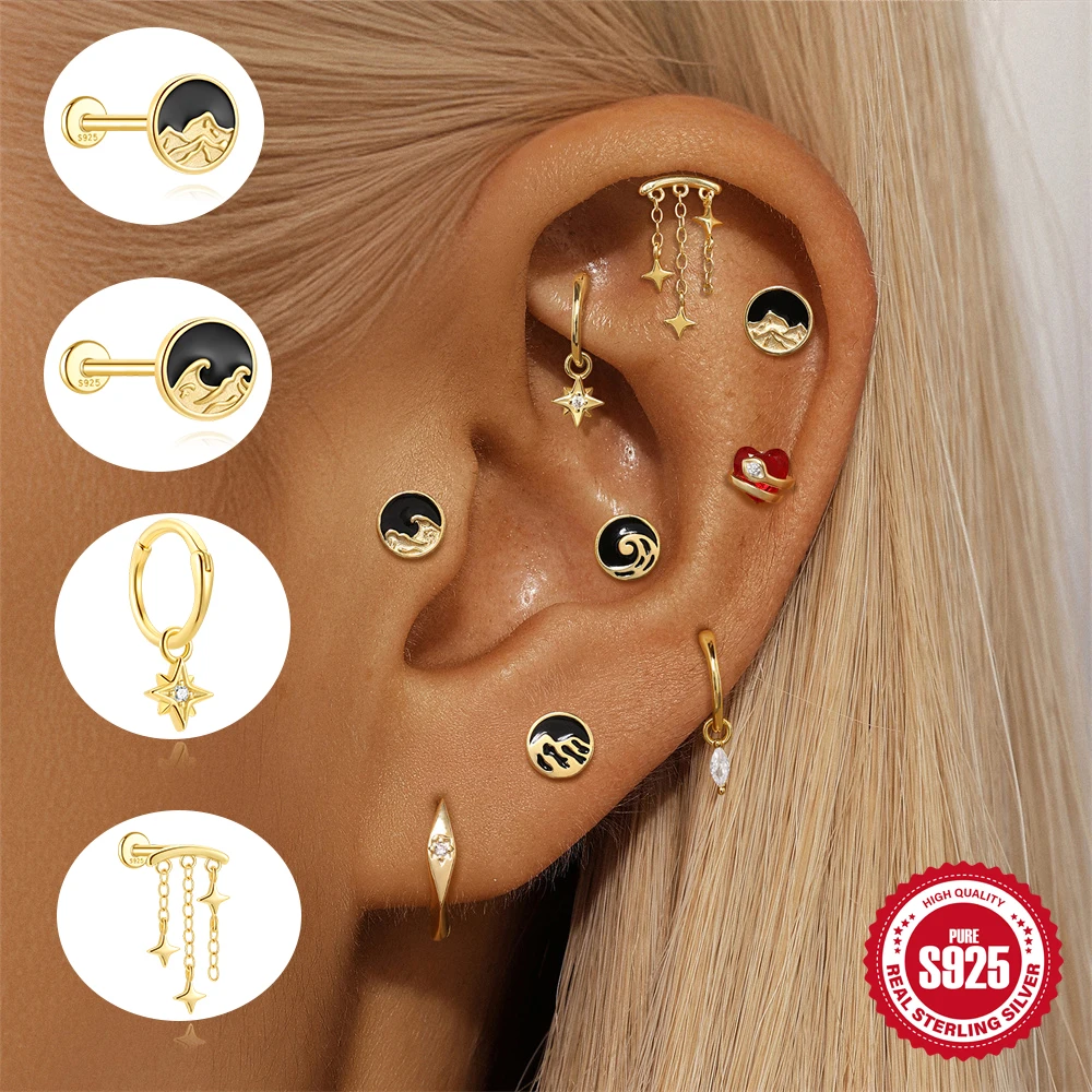 

ROXI 925 Sterling Silver 1picec enamel mountain Piercing Stud Earring for Women Tassel Chain Star/Petal Charms Fine Jewelry