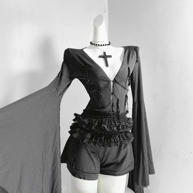 التصميم الأصلي القوطية الظلام الملابس النسائية الخريف جديد أسود تألق كريستال شرابة مثير وهمية قطعتين سروال فستان السيدات