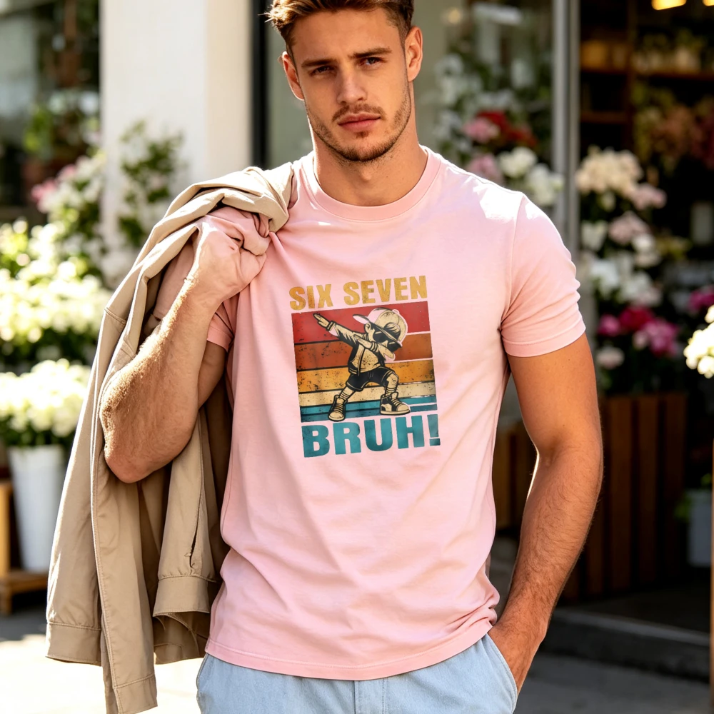 Kids Short Sleeve T Shirt Six Seven Bruh Dab Dance Cartoon Figure Retro Stripe Print Crew Neck Casual Tees For Boys Vintage Hip