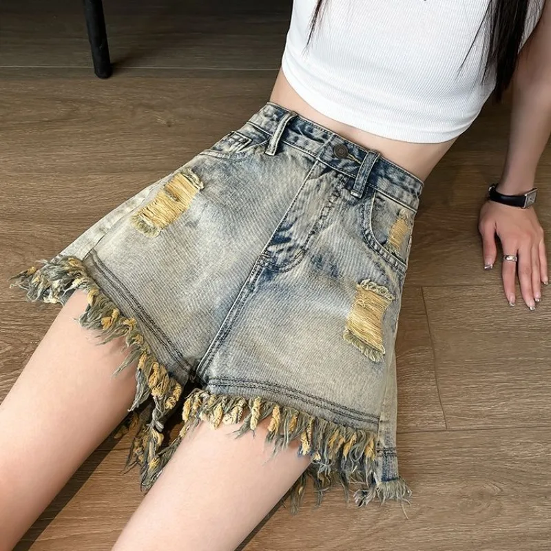 

Female Short Jeans Pants Wide High Waist Ripped Fringe Women's Denim Shorts Streetwear Elegant Flowy Aesthetic Outdoor Hot Comfy