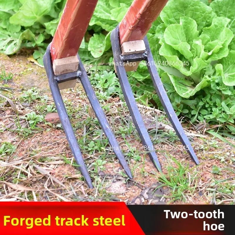 Agricultural hand forging hoe, loosening soil, planting vegetables, household digging, multifunctional two toothed hoe and rake