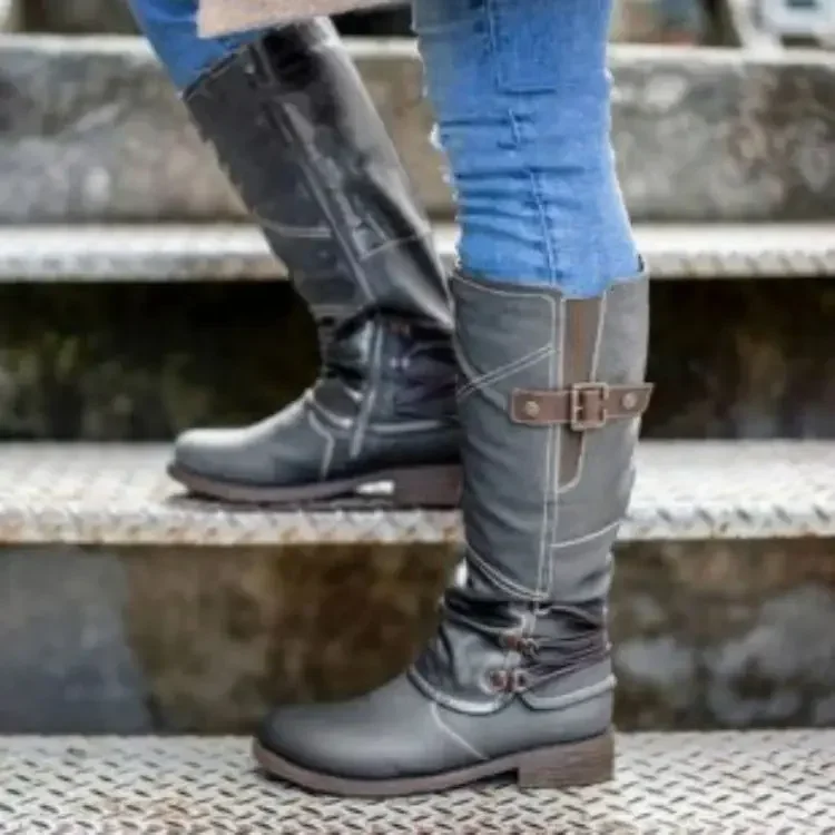 2024 Autumn/Winter New Arrival Walking Shoes Women\'s Knee High Boots Belt Buckle Plus Size Knight Boots Round Toe Lace-up Boots