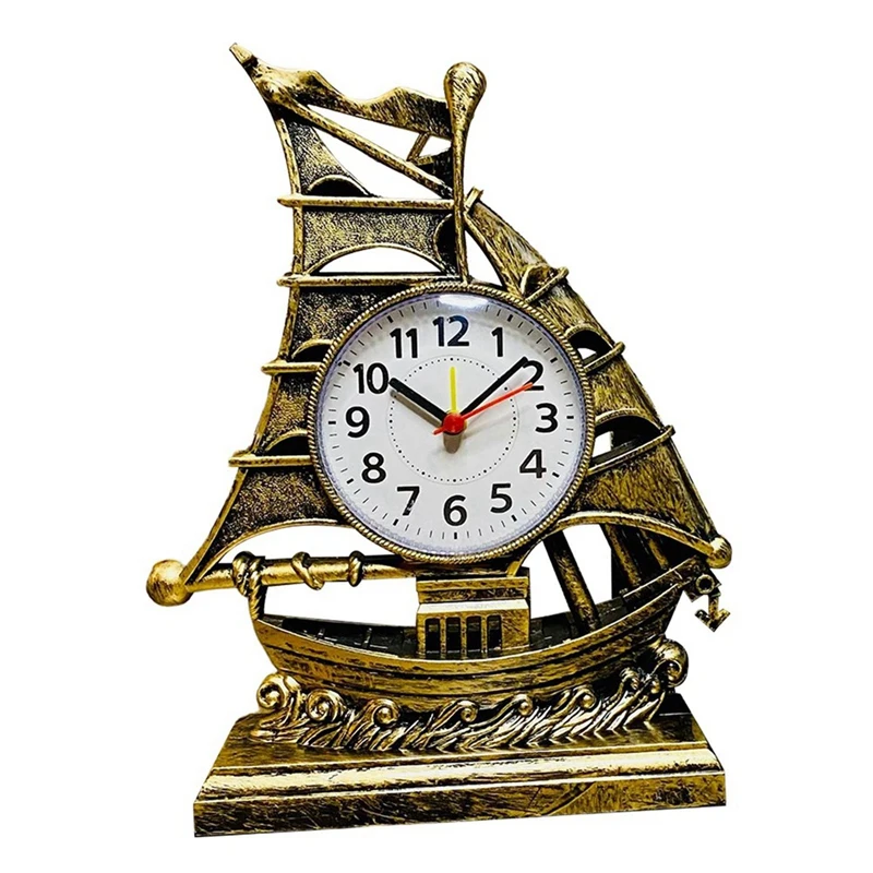 Clock Alarm Sailboat Table Vintage Retro Model Ornament Nautical Desk Clocks Boat Figure Silent Bedside,Bronze Color Durable