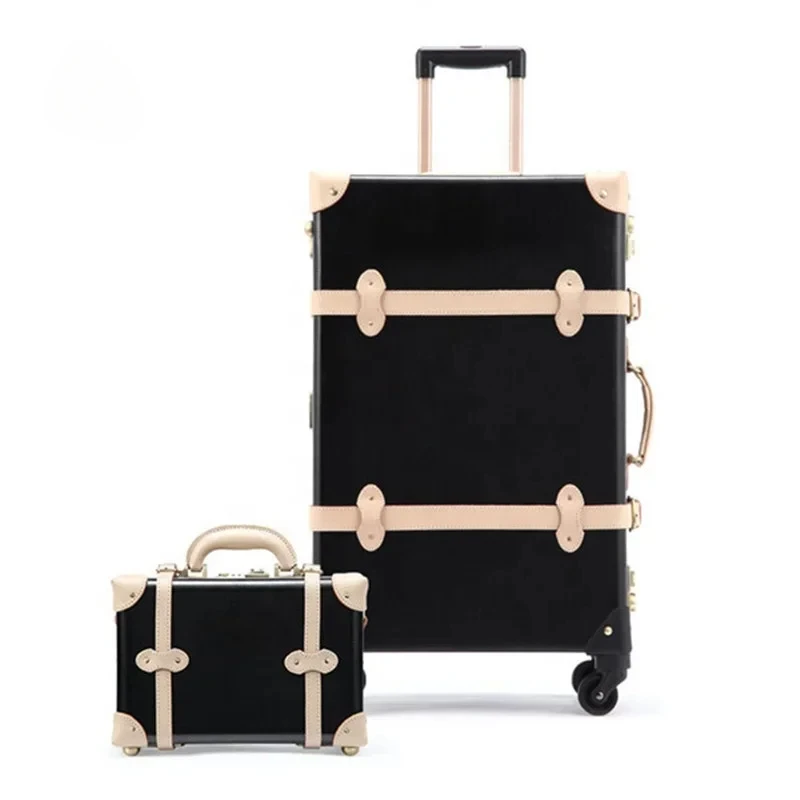 Luxury Black Pure Genuine Leather Travel Retro Rolling Luggage Carrying Bags Case Suitcase Luggage