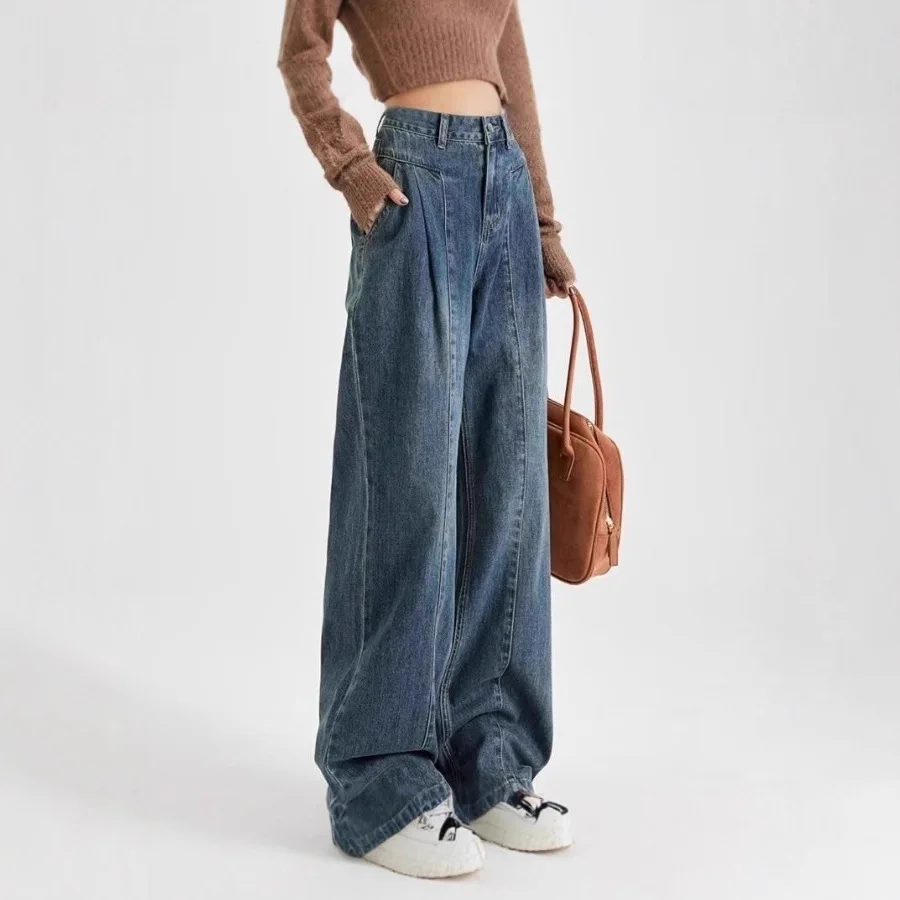 بنطال جينز نسائي واسع الساق، للربيع والخريف بخصر عالٍ وساق مستقيمة وفضفاض بطول الأرض #2