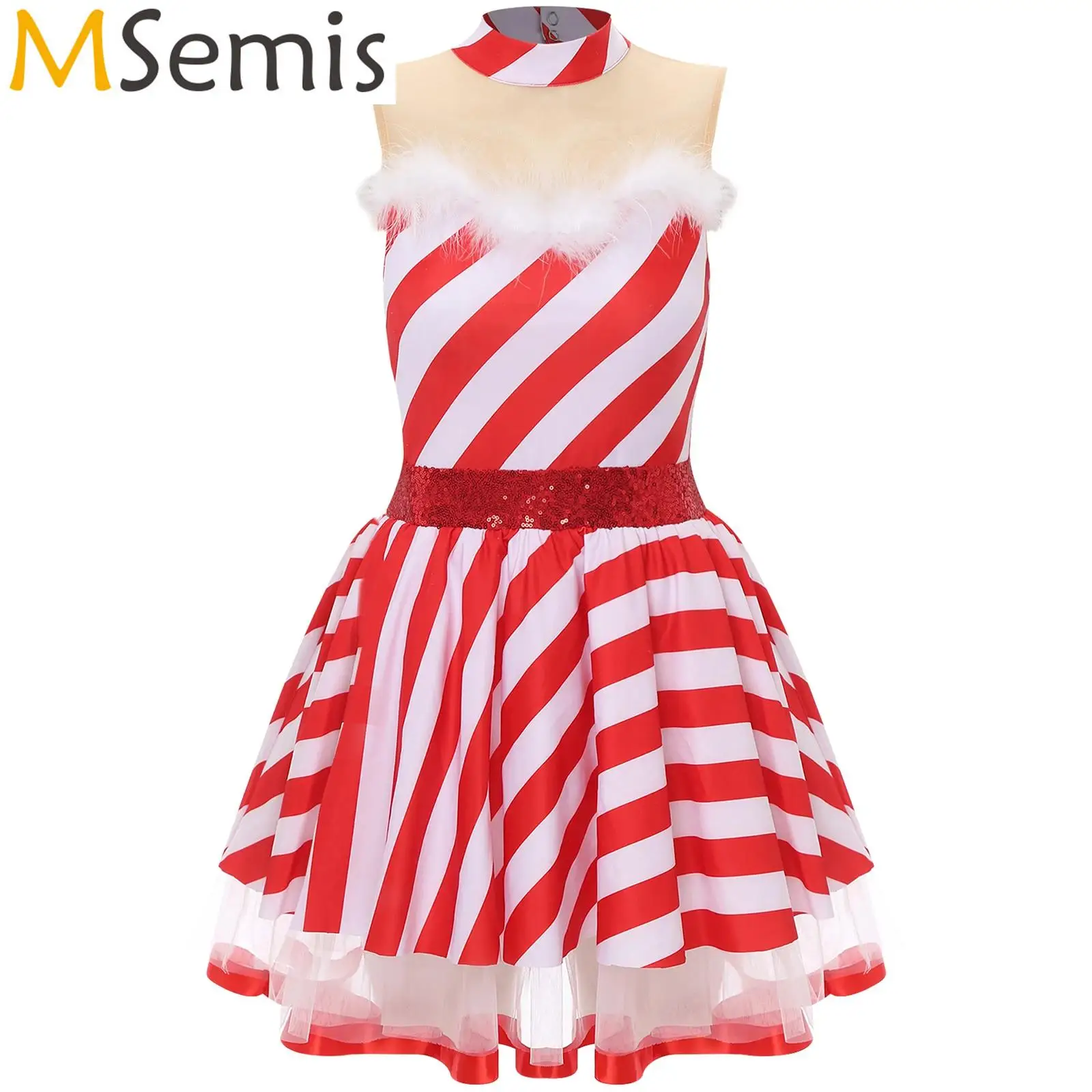 Womens Christmas Miss Santa Xmas Cosplay Costume Sequins Striped Ballet Tutu Candy Cane Dress Gymnastics Figure Skating Bodysuit