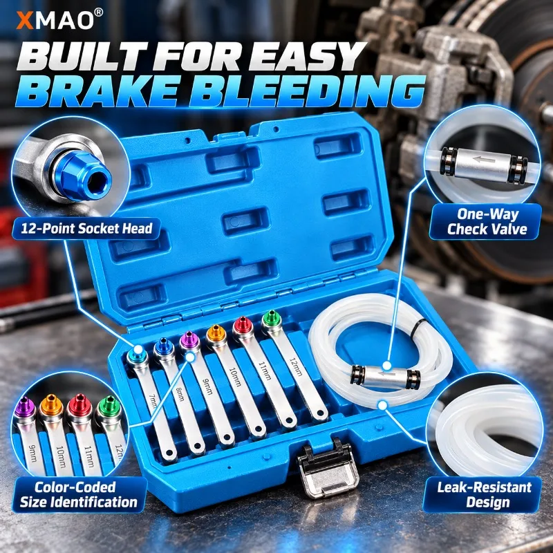 7PCS Brake Fluid Bleeder Wrench Kit 7-12mm with 1.2m Silicone Hose Check Valve for Car SUV Motorcycle Brake Service Tool