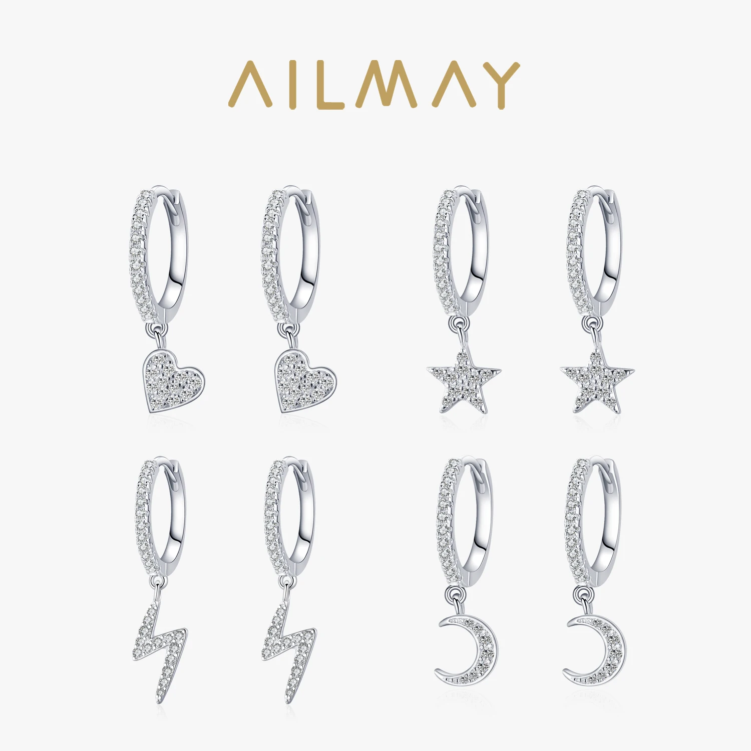 Ailmay Fashion 925 Sterling Silver Star Moom Heart Drop Earrings Luxury Dazzling CZ For Women Romantic Wedding Statement Jewelry